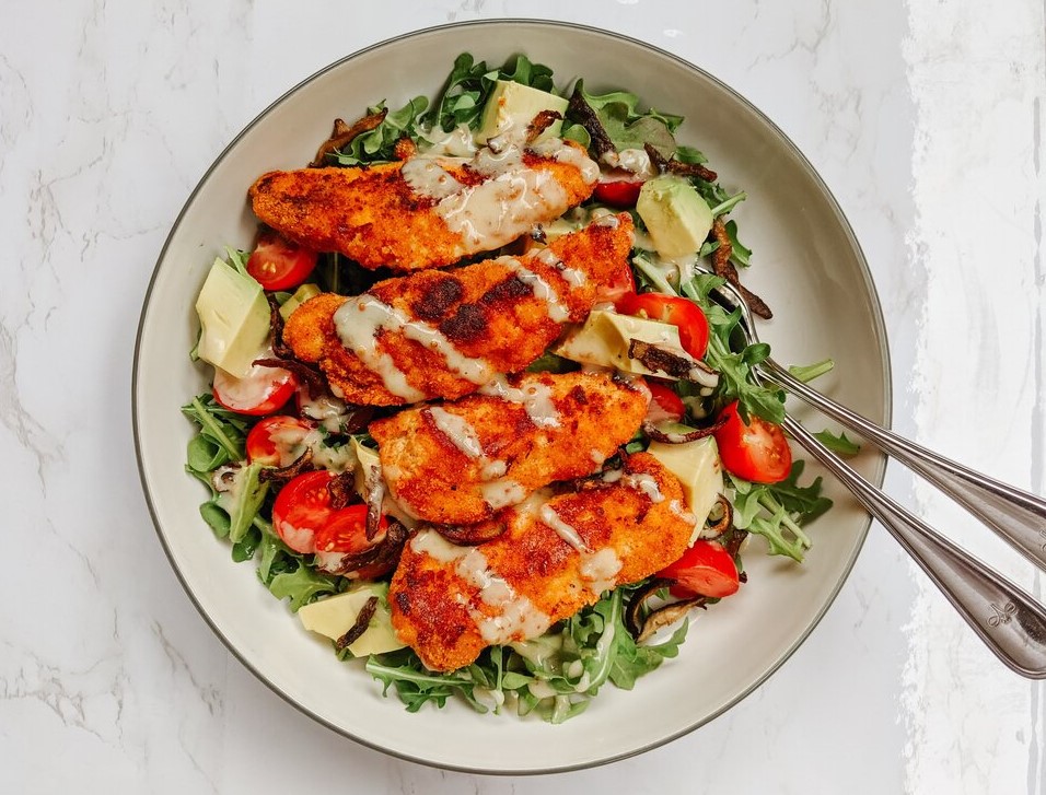 Glutenfree Crispy Chicken Tender Salad with Honey Mustard Dressing & Shiitake Bacon Healthy